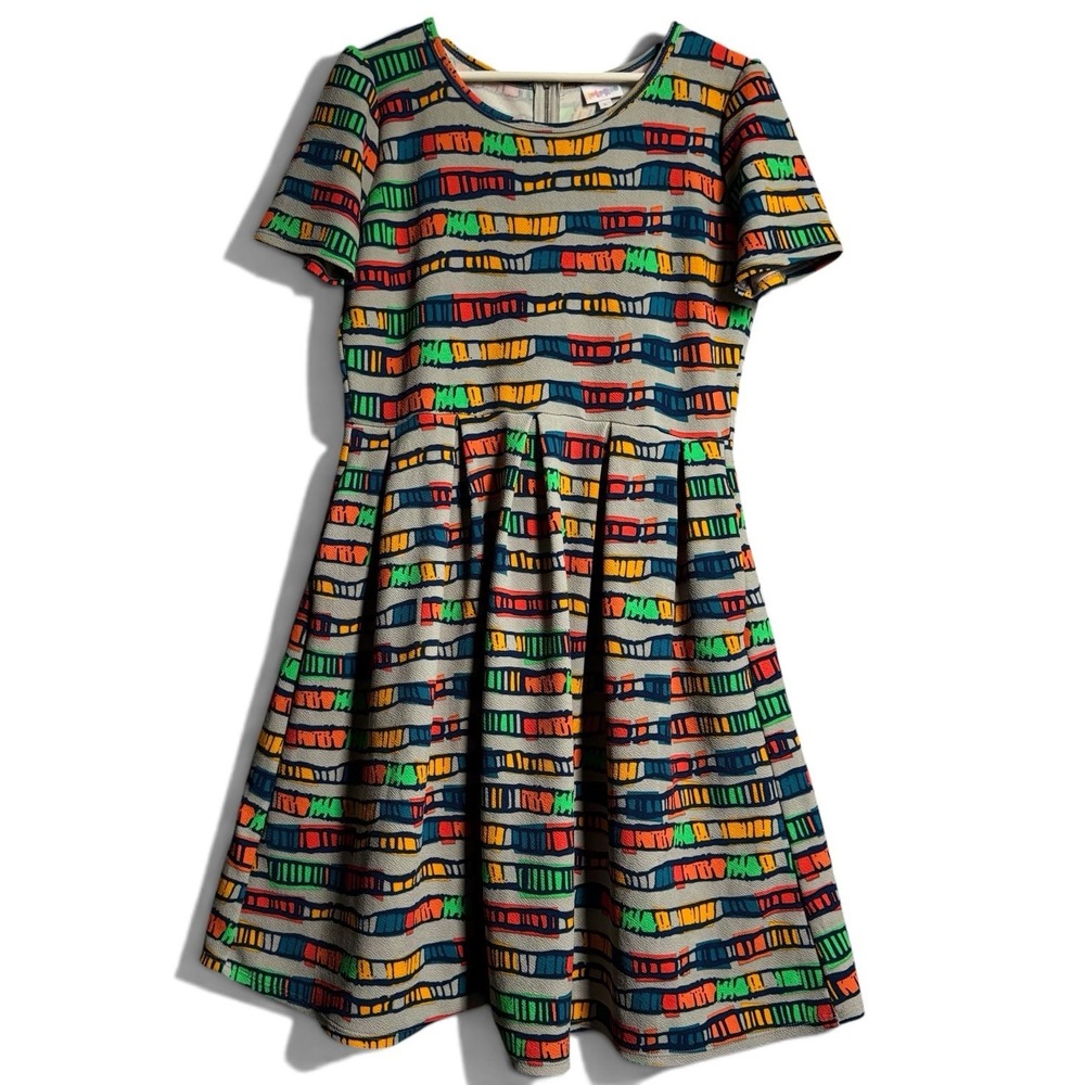 LuLaRoe Amelia Dress L Gray Multicolor Geometric Fit Flare Pleated Pockets Retro - Picture 13 of 13